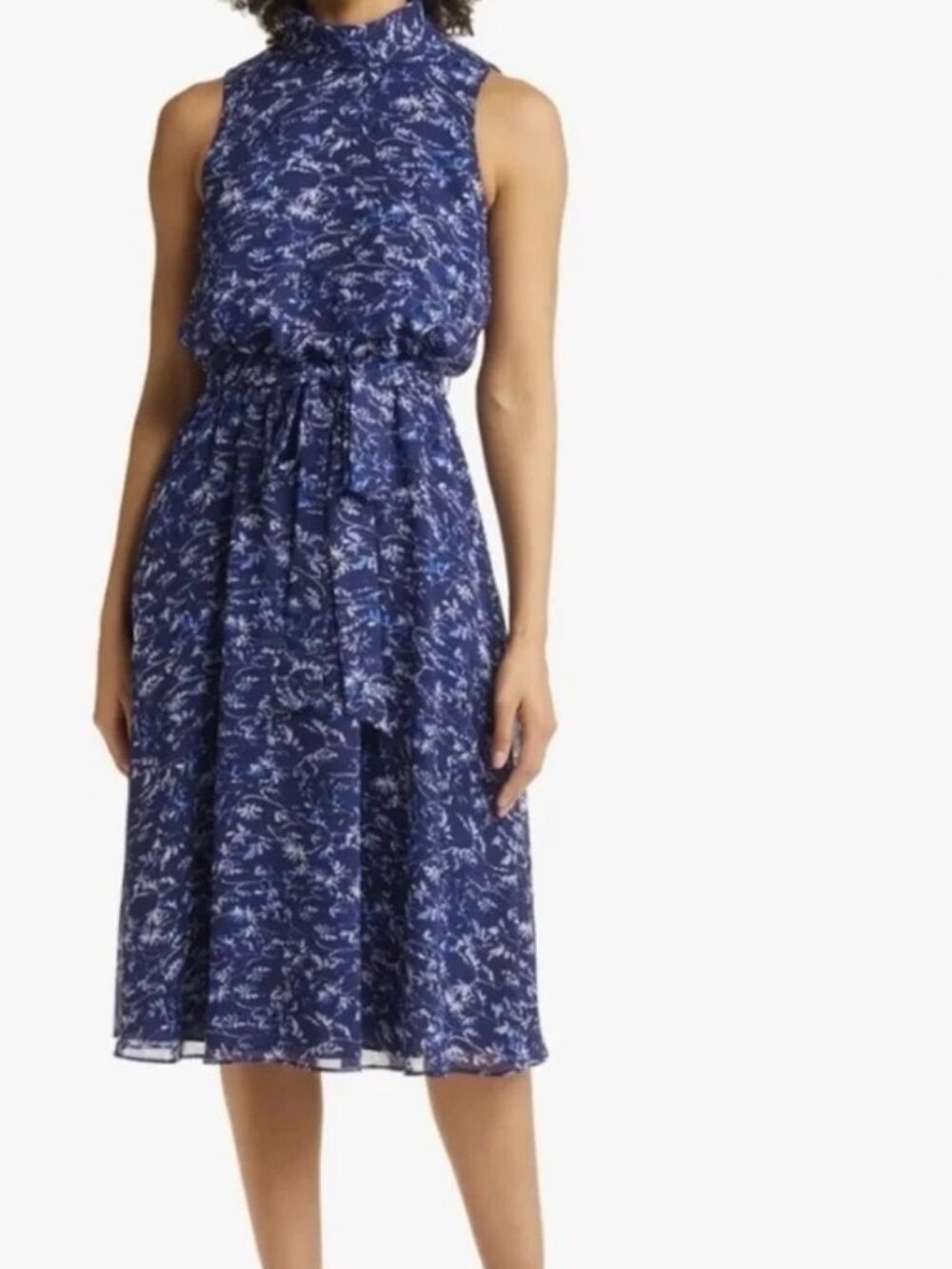 Harper Rose Floral Print Tie Waist Midi Dress, Mock Neck, Sleeveless, Lined Sz 6